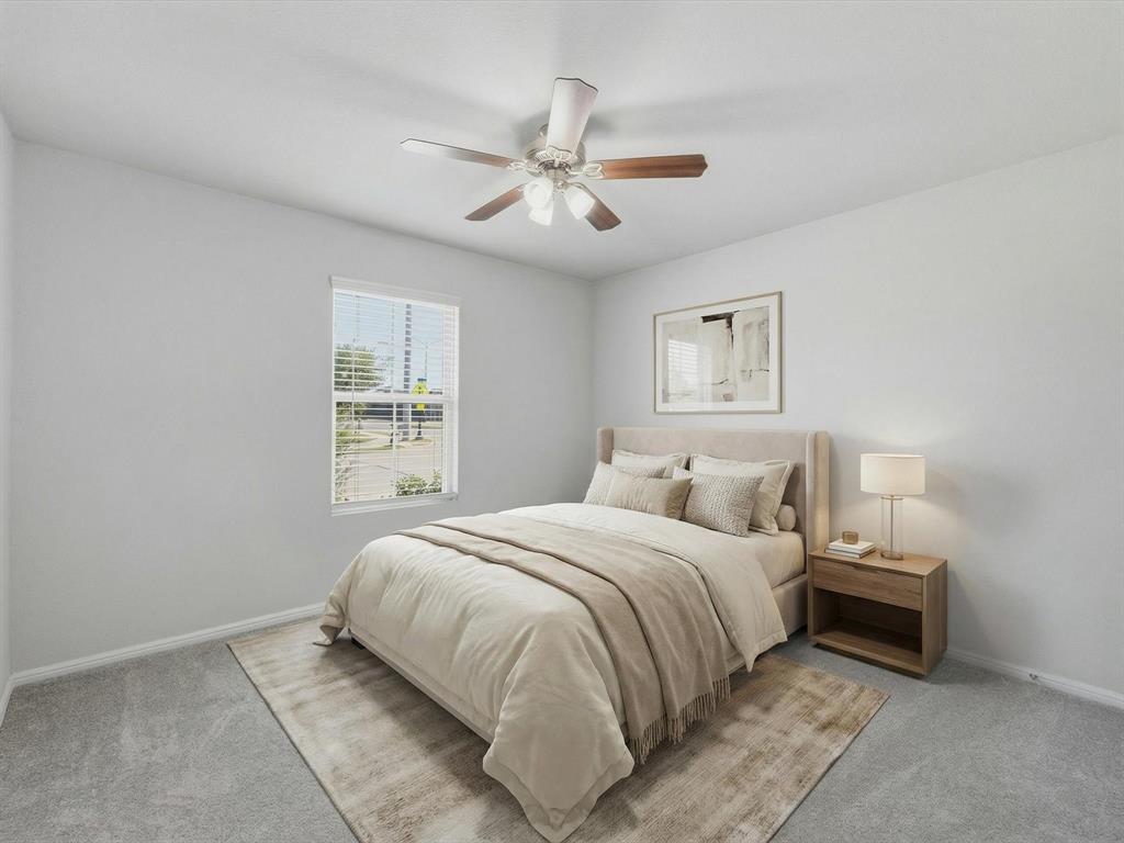 6000 Sutton Fields Trail Aubrey, TX 76227 - Photo 22 of 40 Virtually Staged Bedroom with light carpet and a ceiling fan