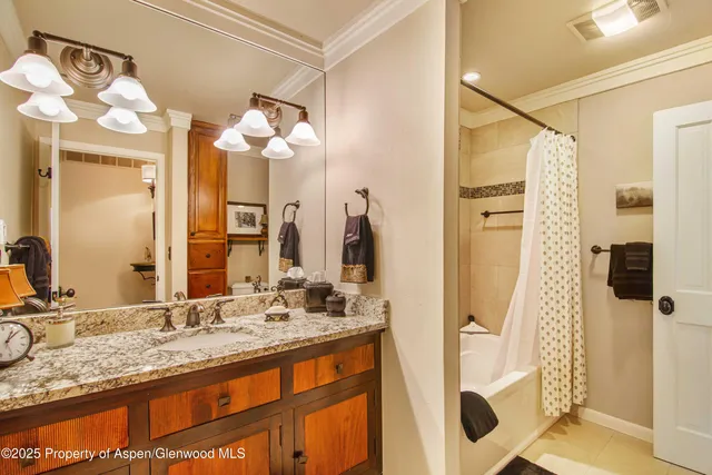 a bathroom with a granite countertop sink a large mirror and a shower