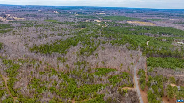 a view of a lush green forest with trees and some houses