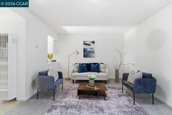 a living room with furniture and a rug