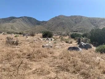 a view of a dry yard with mountains in the background