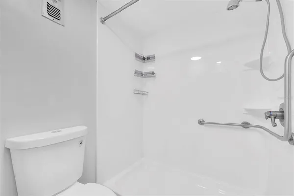 a bathroom with a shower and a toilet