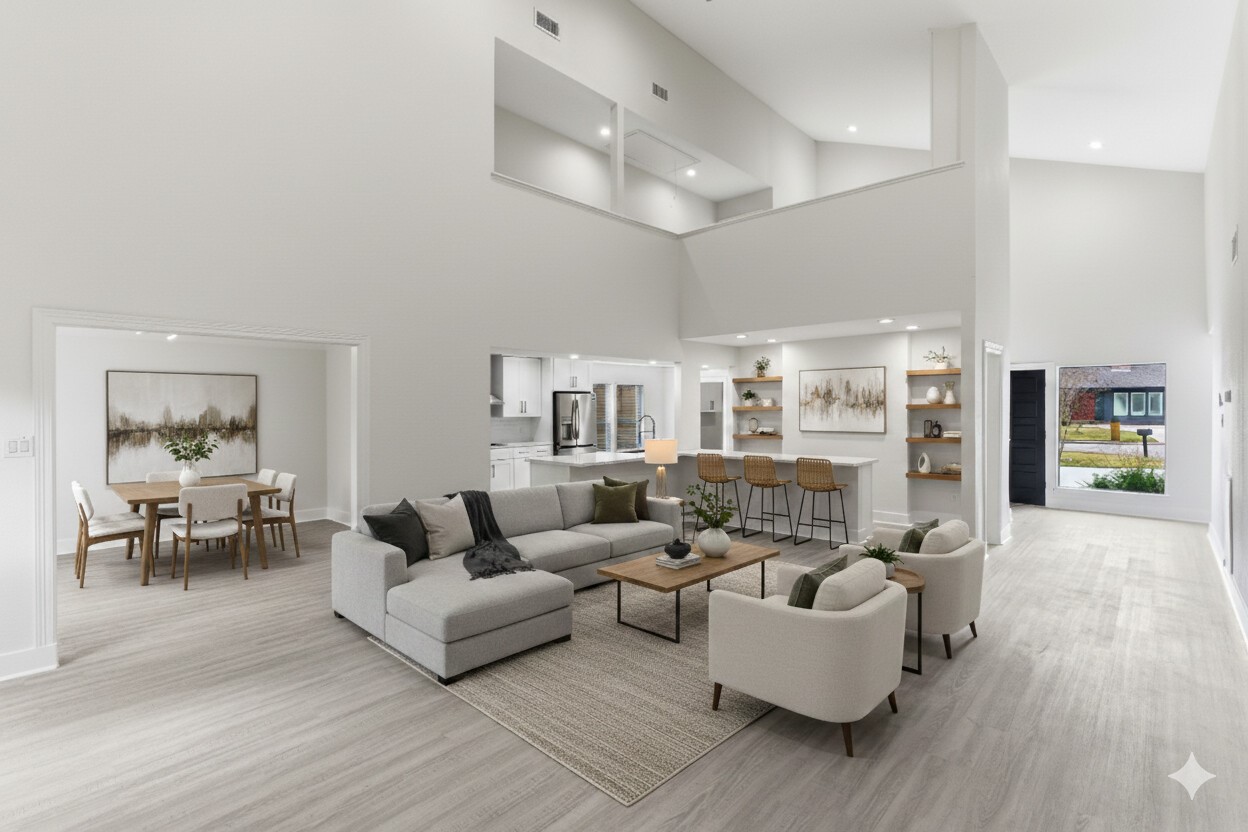 13811 Menasco Court Houston, TX 77077 - Photo 8 of 50 An AI virtually staged photo of the family room looking towards the kitchen.