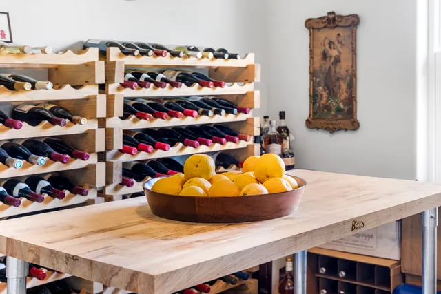 a view of a dining room with shelves