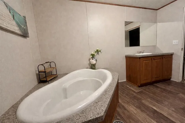 a bathroom with a tub sink and mirror