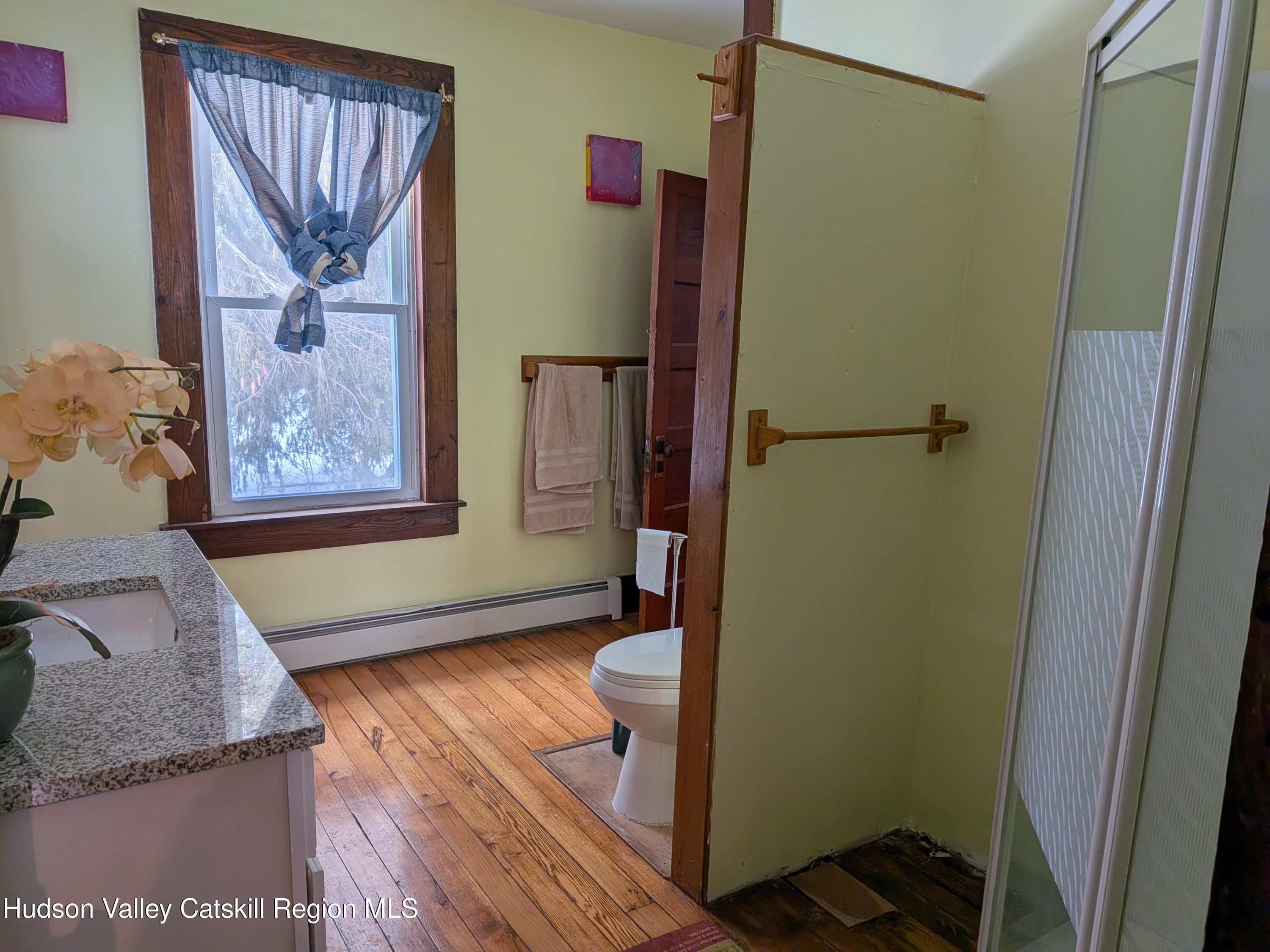 351 Presbyterian Hill Road Stephentown, NY 12168 - Photo 25 of 46 a bathroom with a granite countertop toilet and a shower