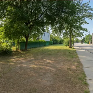 a view of a field with trees in front of it
