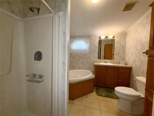 a bathroom with a sink a toilet a mirror a vanity and shower