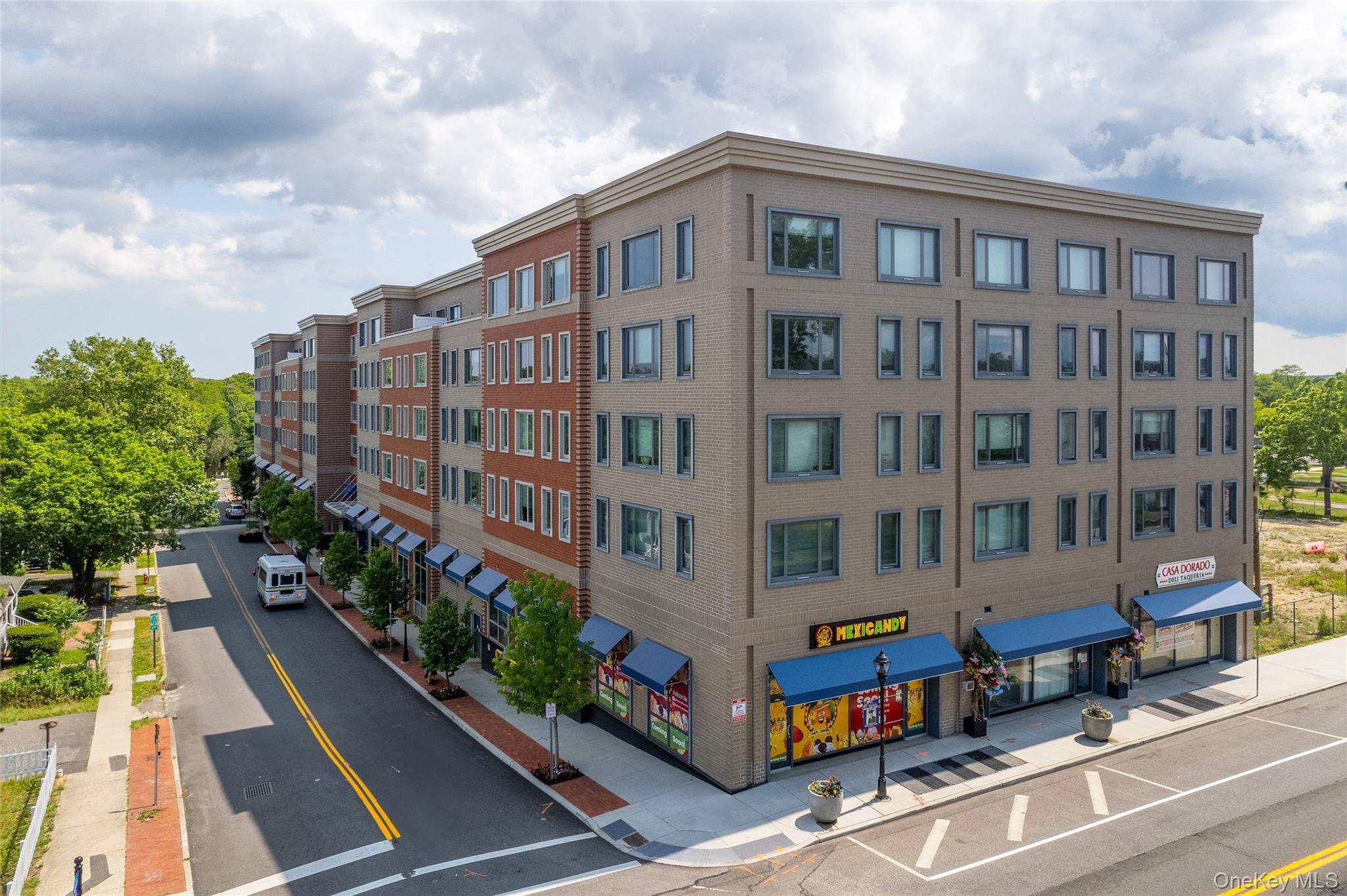 a front view of a multi story building