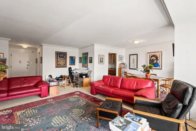 a living room with furniture a red rug and a window