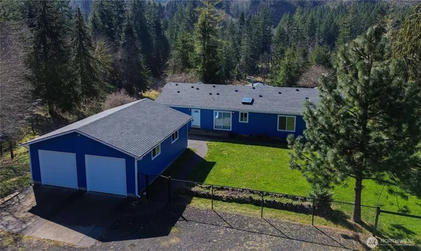 a view of a house with a yard plants and large tree