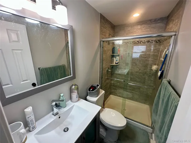 a bathroom with a sink mirror vanity and toilet