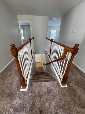 a view of staircase with rug floor