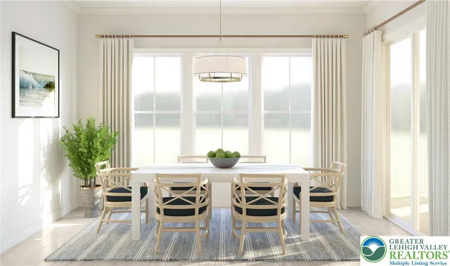 a view of a dining room with furniture window and outside view