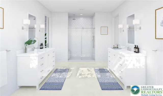 a bathroom with a sink a mirror and a shower