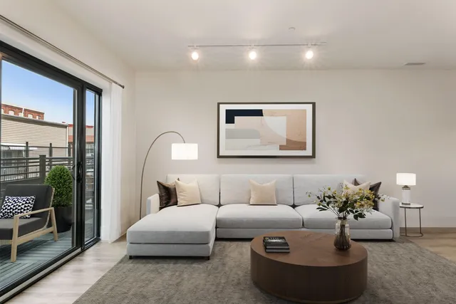 a living room with furniture and a potted plant