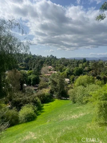 a view of a garden with a building in background