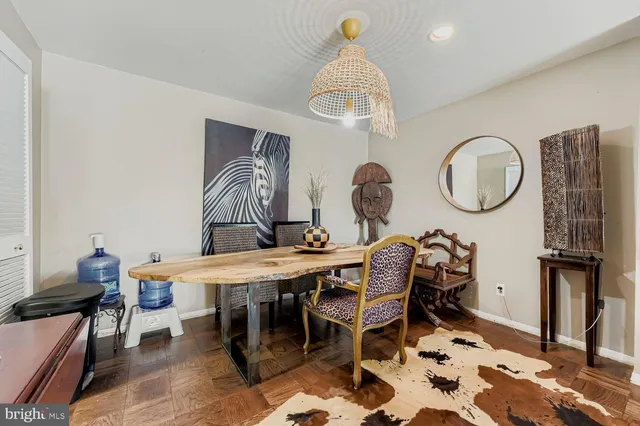 a view of a dining room with furniture