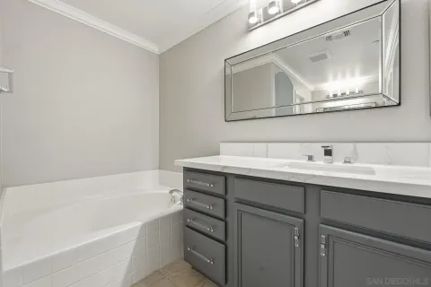 a bathroom with a tub sink and mirror