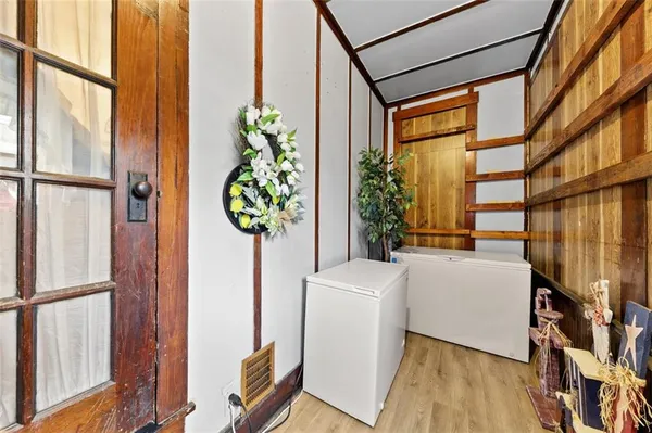 a room with window and gate