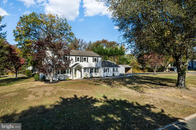 a view of a town with large trees