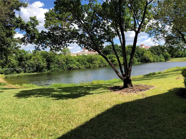 a view of a lake with a yard