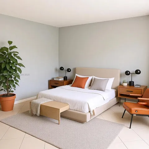 a bedroom with a bed and a potted plant