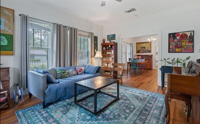 a living room with furniture and a potted plant