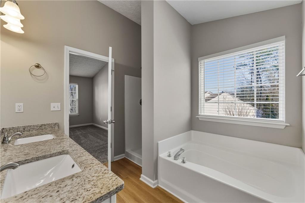 7570 Old Field Cove Road Cumming, GA 30028 - Photo 17 of 18 a bathroom with a granite countertop tub a sink and a large mirror