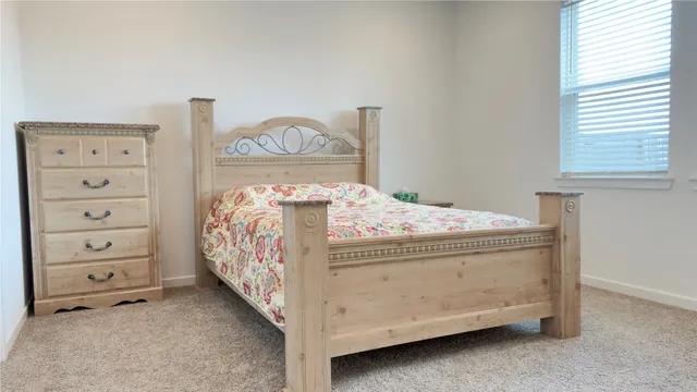 a bedroom with a bed and a dresser