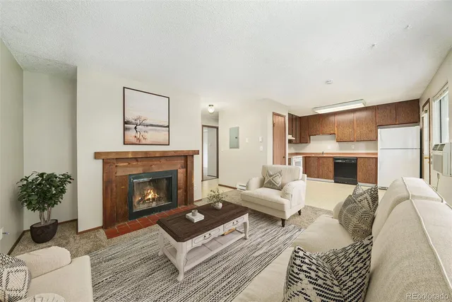 a living room with furniture a fireplace and a potted plant