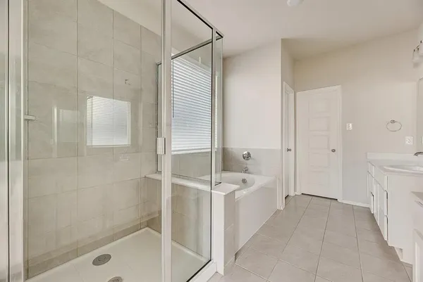 a bathroom with a tub shower sink and mirror