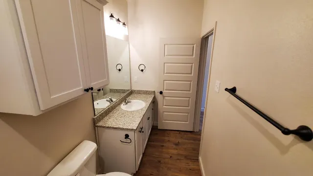 a bathroom with a granite countertop sink and a mirror