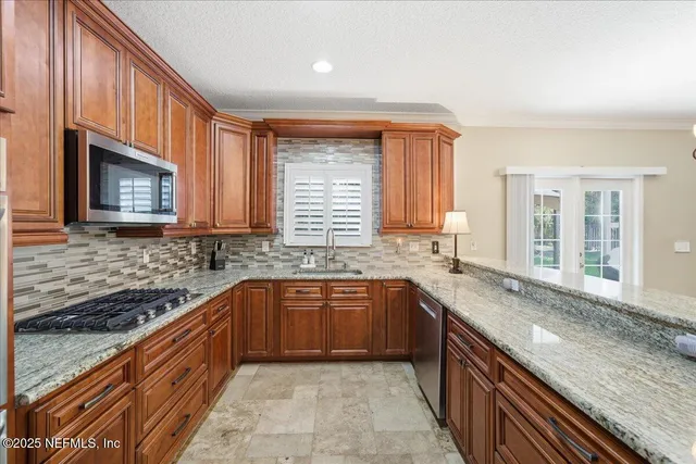 a garden view with a seating space