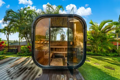 a view of a balcony with wooden floor