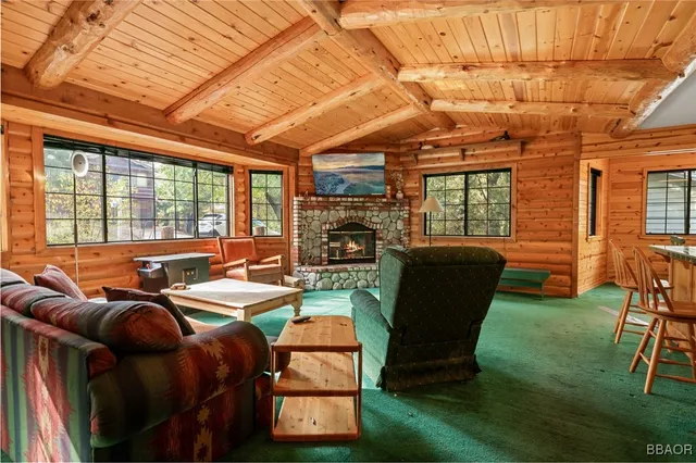 a living room with furniture a fireplace and a flat tv screen next to a yard