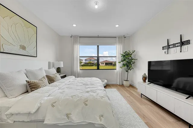 a bedroom with a bed and a flat screen tv