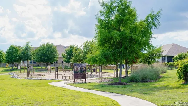 a view of a swimming pool with a garden and trees
