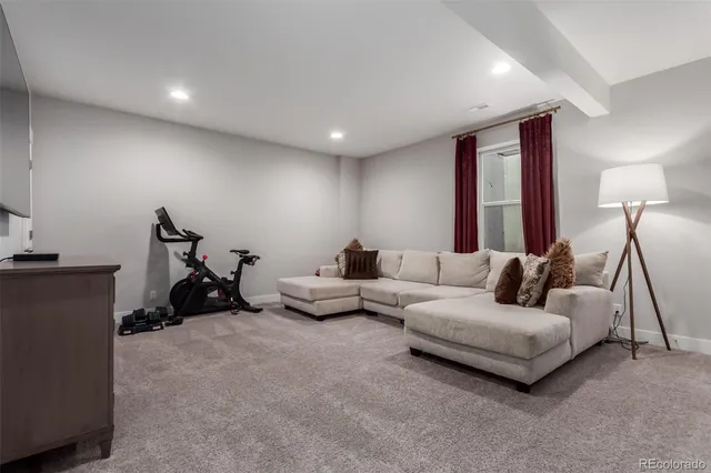 a living room with furniture and a gym machine