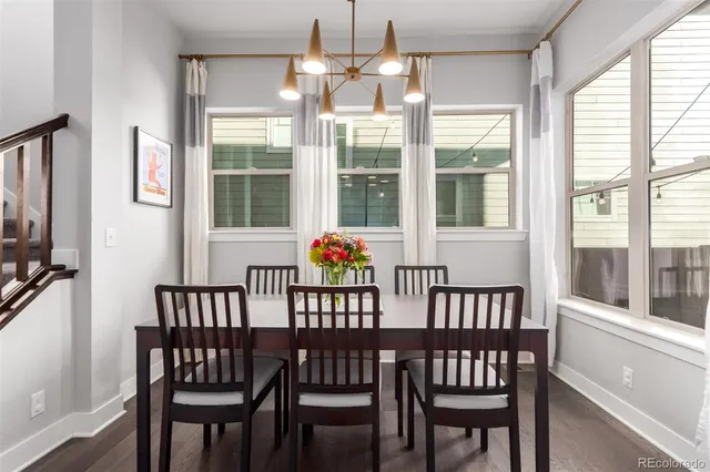 a view of a dining room with furniture large windows and wooden floor