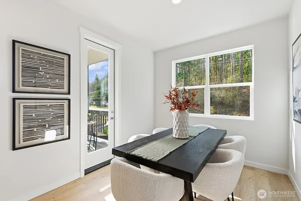 a dining room with a window