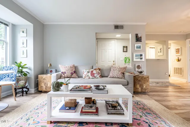 a living room with furniture and a potted plant
