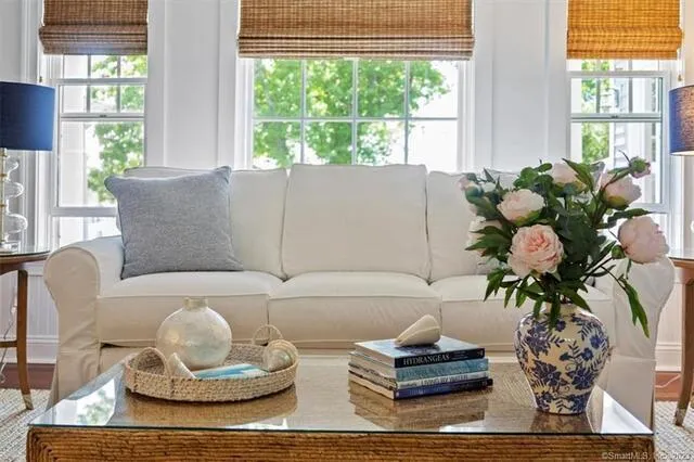 a living room with furniture and a potted plant