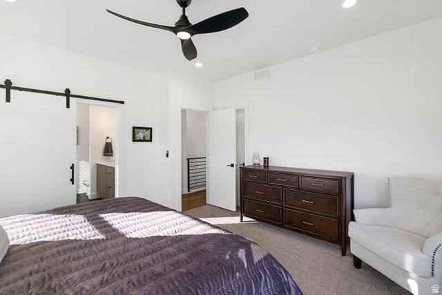 851 Grandview Drive Morgan, UT 84050 - Photo 20 of 68 Spacious bedroom featuring a modern ceiling fan, recessed lighting, white walls, and gray carpet flooring