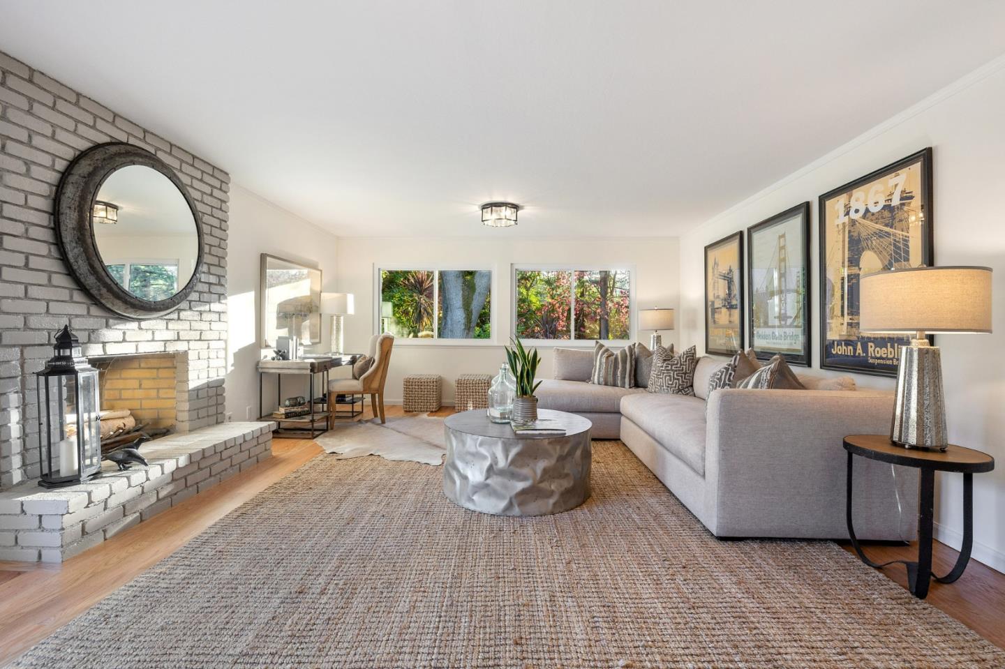 16 Valley Road Atherton, CA 94027 - Photo 41 of 100 a living room with furniture a fireplace a lamp and a large window