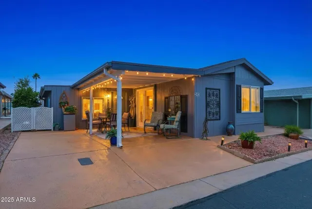 a front view of a house with patio