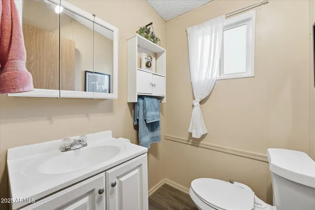 a bathroom with a sink a toilet and mirror