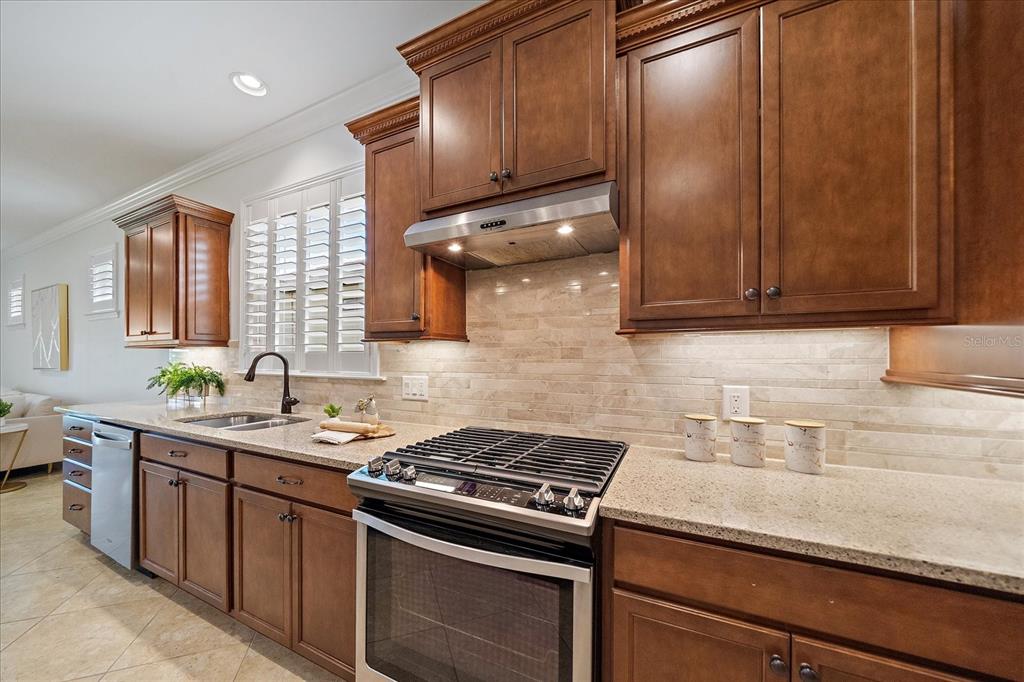 6713 Chester Trail Lakewood Ranch, FL 34202 - Photo 10 of 45 a kitchen with stainless steel appliances granite countertop a sink stove and cabinets