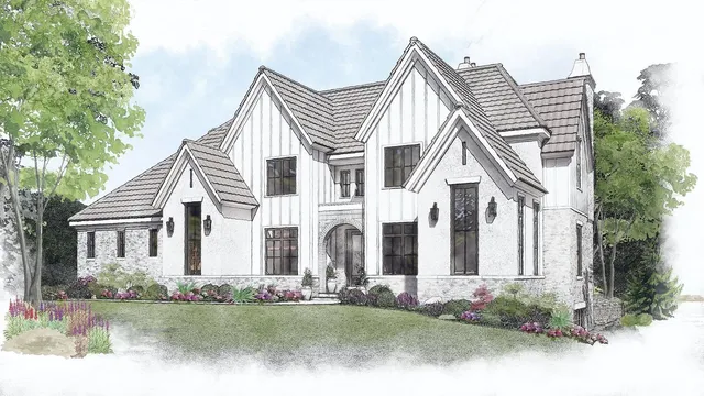 a view of a white house with garden