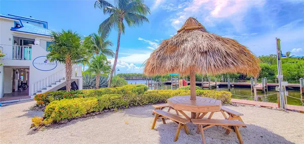 a backyard of a house with table and chairs